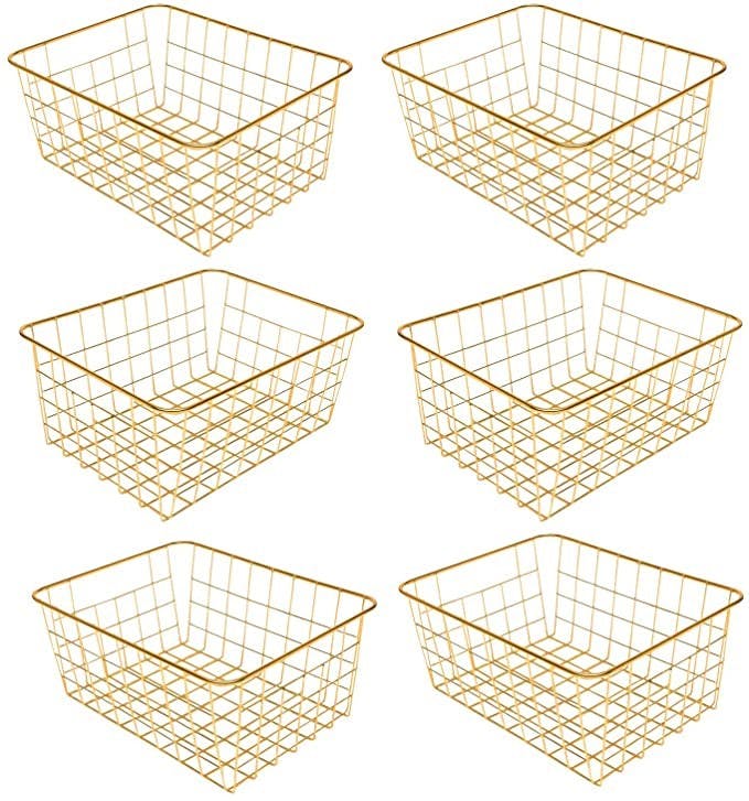 Vlish 6 Gold Wire Baskets - Pack of 6, Storage Decor Crafts, Kitchen Organizing Basket Set, Great for Home, Bathroom, Closet, Pantry Organization, Tables & Countertops, Office | Large (Gold)